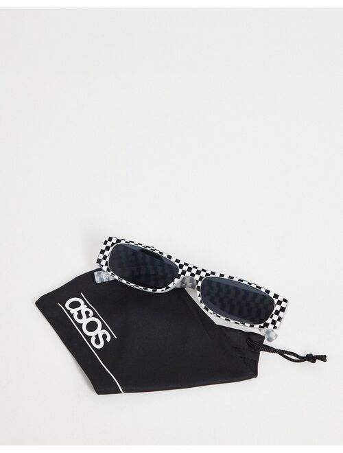 ASOS DESIGN recycled mini rectangle sunglasses with checkerboard design in black and white