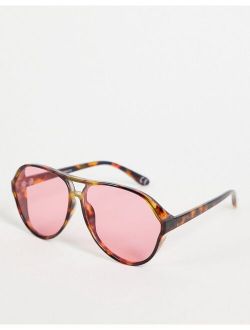 recycled oversized navigator sunglasses with pink lens in brown tort