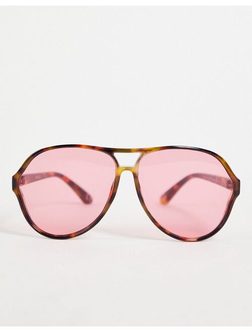 ASOS DESIGN recycled oversized navigator sunglasses with pink lens in brown tort