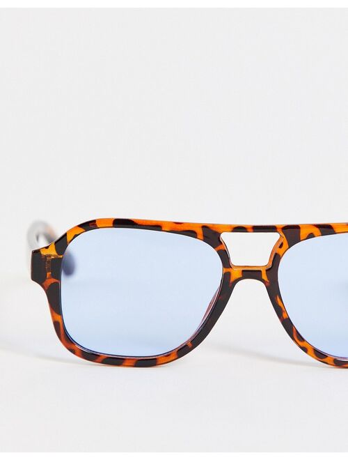 ASOS DESIGN recycled navigator sunglasses with blue lens in brown tortoiseshell