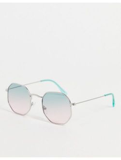 hexagon sunglasses with green to pink gradient lens in silver