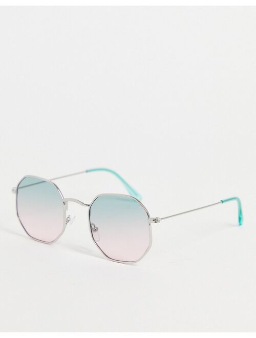 ASOS DESIGN hexagon sunglasses with green to pink gradient lens in silver