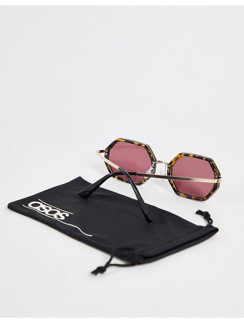 ASOS DESIGN hexagon sunglasses with purple lens in brown tortoiseshell