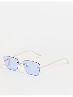rimless rectangle sunglasses with flower charm in blue