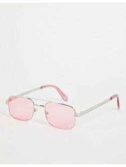 slim aviator sunglasses in silver with pink lens