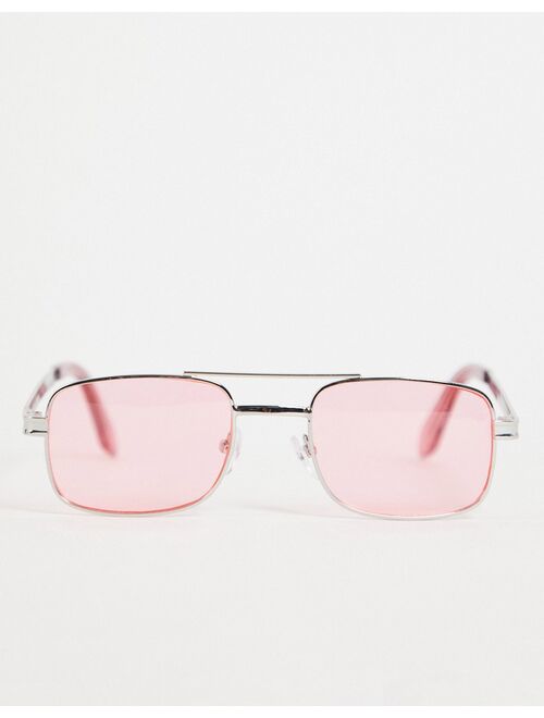 ASOS DESIGN slim aviator sunglasses in silver with pink lens