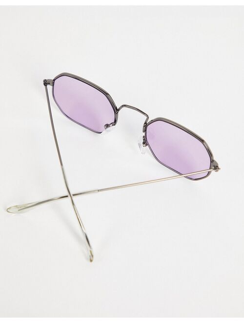 ASOS DESIGN recycled blend hexagon sunglasses with purple lens in gunmetal