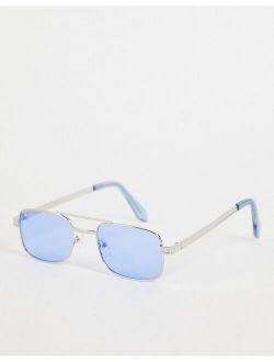 90's mini square sunglasses with blue lens in silver