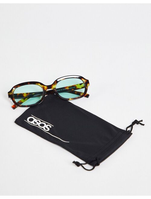 ASOS DESIGN recycled square sunglasses with blue lens in brown tortoiseshell