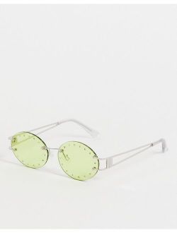 rimless round glasses with crystal detail in green