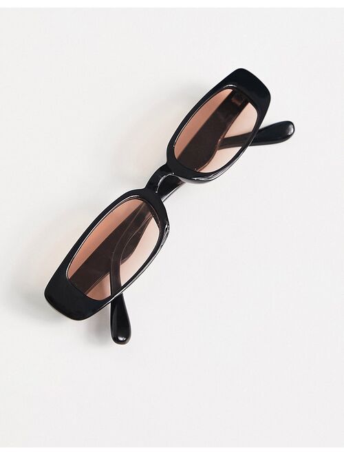 ASOS DESIGN recycled skinny rectangles sunglasses in black with orange lens