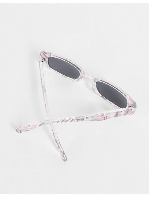 ASOS DESIGN recycled slim rectangle sunglasses with smoke lens in pink marble effect