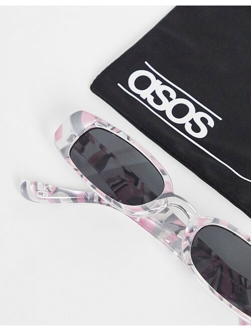 ASOS DESIGN recycled slim rectangle sunglasses with smoke lens in pink marble effect