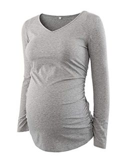 Maternity V Neck Shirts - Short Sleeves Side Ruched Comfortable Pregnancy Tops Clothes and Dress for Womans