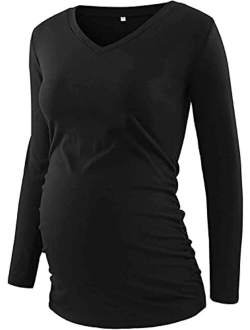 Maternity V Neck Shirts - Short Sleeves Side Ruched Comfortable Pregnancy Tops Clothes and Dress for Womans