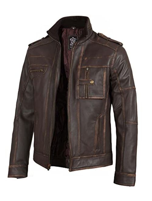Decrum Men's Motorcycle Style Biker Real Leather Jacket - Distressed Leather Cafe Racer Jackets