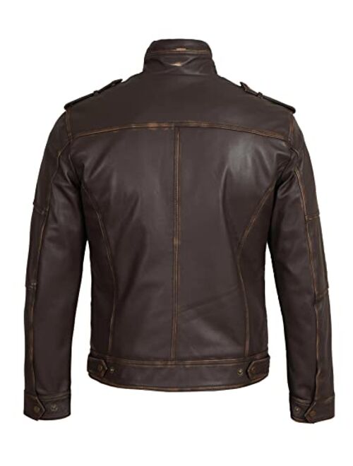 Decrum Men's Motorcycle Style Biker Real Leather Jacket - Distressed Leather Cafe Racer Jackets