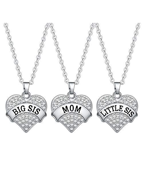 BESPMOSP Big Sis Lil Sis Mom Crystal Heart Pendant Necklace Set Gift for Sister Mother's Day Gift Family Jewelry