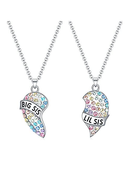 luomart Girls Sister Necklace Gifts for 2,Big Sister Little Sister Jewelry Gift for 2,Rainbow Broken Heart BFF Friendship Pendant for Women