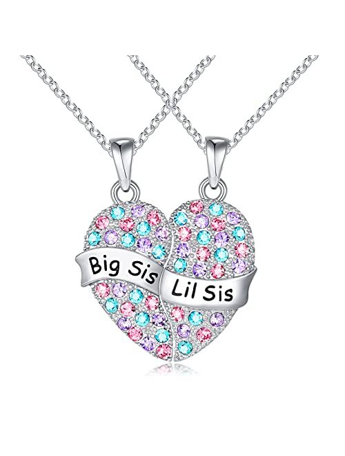 Sincere Sister Necklaces for 2 Big Sister Little Sister Matching Heart CZ Necklaces Jewelry Birthday Christmas Gifts for 2 Sisters Girls Women