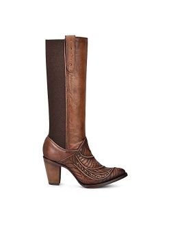 Women's Tall Boot in Bovine Leather with Embroidery Brown