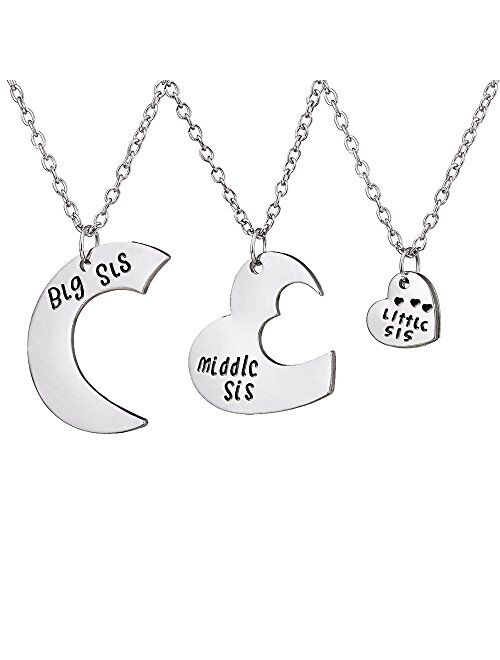 Lauhonmin 3pcs Family Jewelry Gift Big Sis Middle Sis Little Sis Love Heart Charm Pendant Necklace Set for Sister