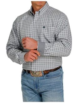 Men's Stretch Grey Diamond Geo Print Long Sleeve Button-Down Western Shirt