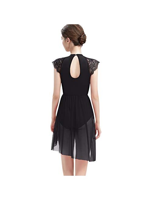 ODASDO Women Elegant Lyrical Dance Dress Lace Cap Sleeve Asymmetrical Tulle Skirt Leotard Contemporary Costume XS-XL