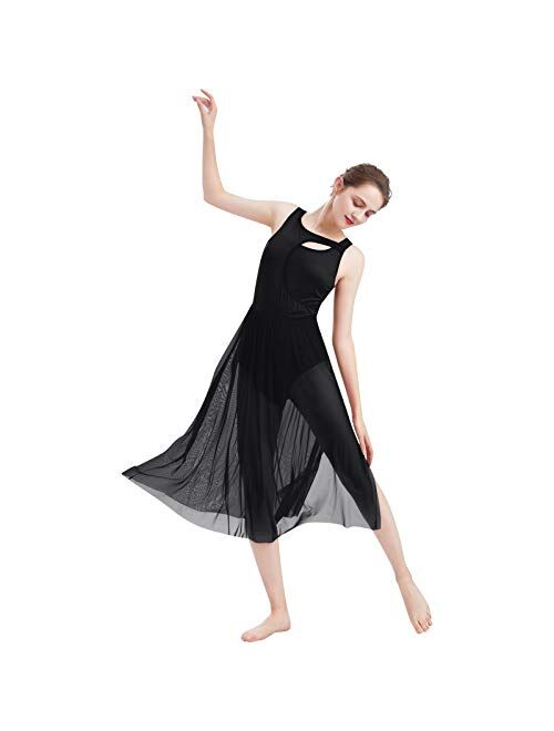 ODASDO Women Lyrical Dance Dress Modern Contemporary Dancewear Cut Out Front Mesh Tulle Skirt Backless Tank Leotard