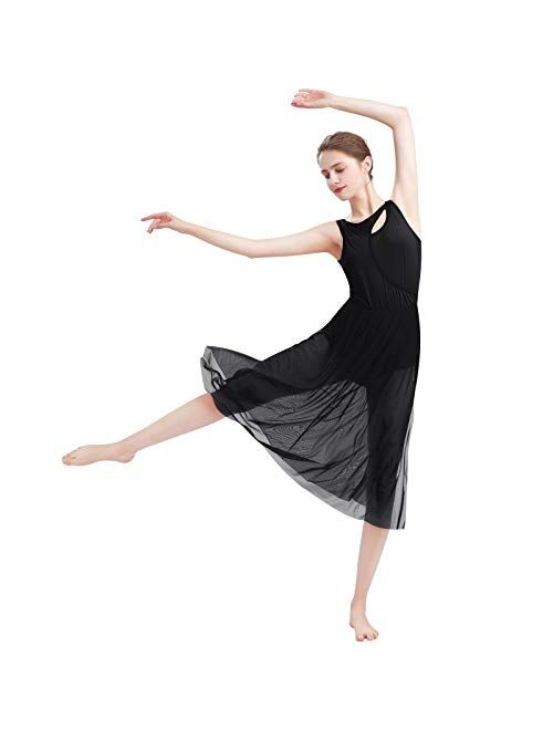 ODASDO Women Lyrical Dance Dress Modern Contemporary Dancewear Cut Out Front Mesh Tulle Skirt Backless Tank Leotard