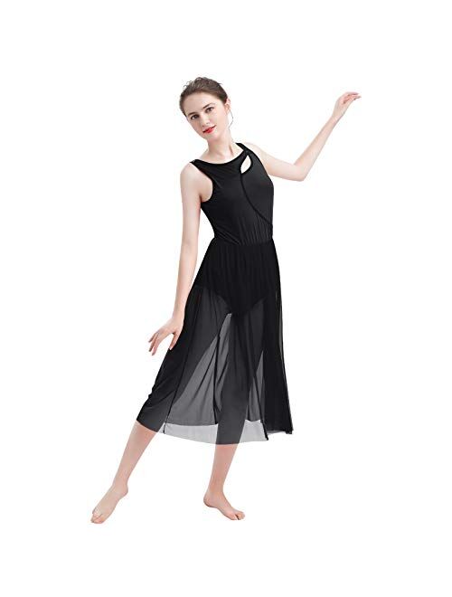 ODASDO Women Lyrical Dance Dress Modern Contemporary Dancewear Cut Out Front Mesh Tulle Skirt Backless Tank Leotard