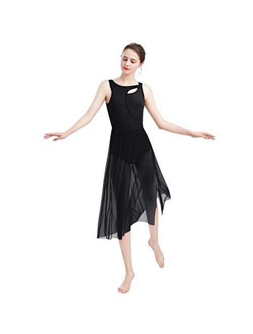 ODASDO Women Lyrical Dance Dress Modern Contemporary Dancewear Cut Out Front Mesh Tulle Skirt Backless Tank Leotard