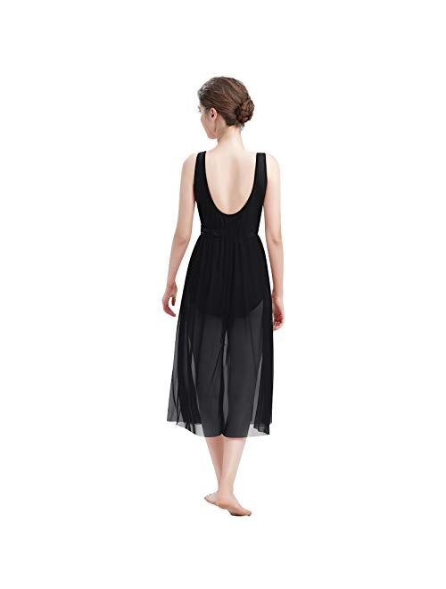 ODASDO Women Lyrical Dance Dress Modern Contemporary Dancewear Cut Out Front Mesh Tulle Skirt Backless Tank Leotard