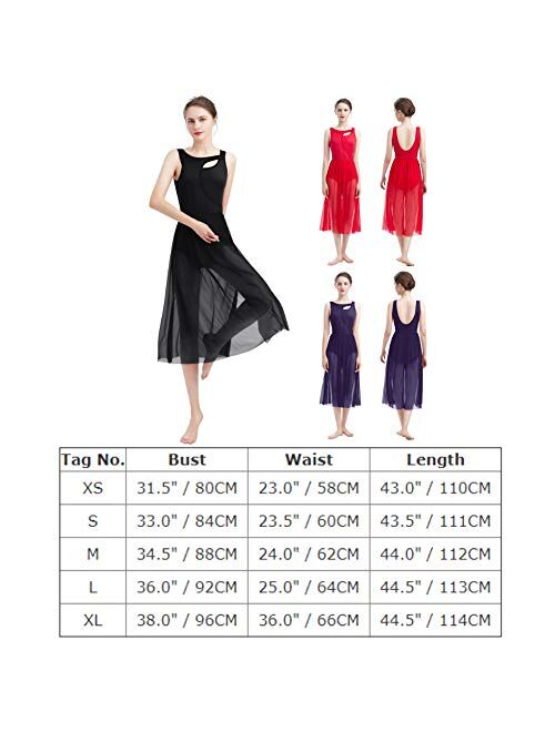 ODASDO Women Lyrical Dance Dress Modern Contemporary Dancewear Cut Out Front Mesh Tulle Skirt Backless Tank Leotard