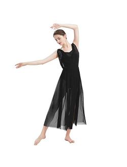ODASDO Women Lyrical Modern Contemporary Dance Costume Leotard V-Neck Backless Split Tulle Skirt Flowy Overlay Dress