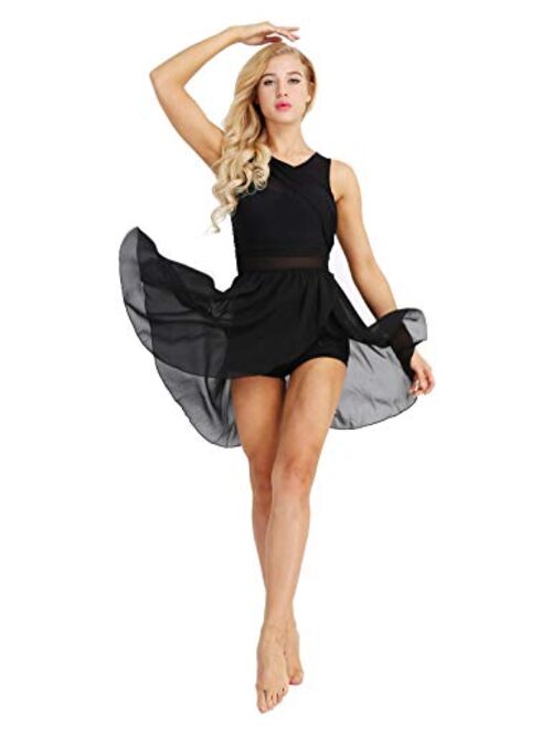 FEESHOW Lyrical Women Dance Costume Leotard Dress Illusion V-Neck Chiffon Flowy High-Low Skirt