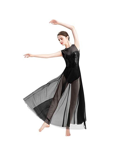 ODASDO Women Lyrical Dance Dress Modern Contemporary Dancewear Costume Sequins Tank Leotard Tulle Maxi Overlay Dress
