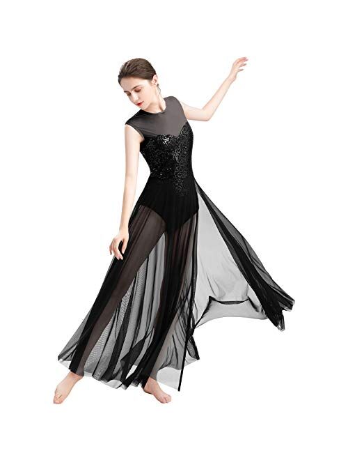 ODASDO Women Lyrical Dance Dress Modern Contemporary Dancewear Costume Sequins Tank Leotard Tulle Maxi Overlay Dress