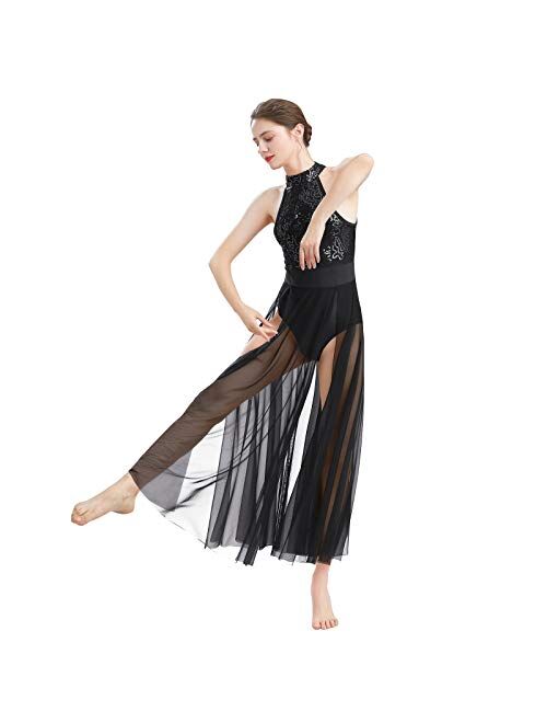 ODASDO Women Lyrical Dance Dress Modern Contemporary Dancewear Halter Neck Sequins Leotard Mesh Tulle Maxi Long Skirt