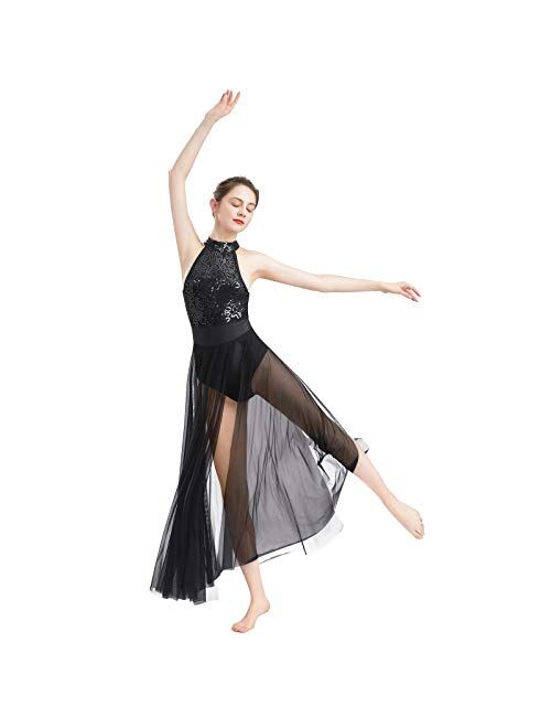 ODASDO Women Lyrical Dance Dress Modern Contemporary Dancewear Halter Neck Sequins Leotard Mesh Tulle Maxi Long Skirt