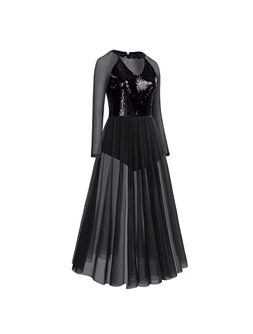 ODASDO Women Lyrical Dance Costumes Sequin Long Sleeve Mesh Tulle Flowy Maxi Long Dress Morden Contemporary Dancewear