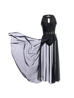 ODASDO Lyrical Dance Costume for Women Lace Sleeveless Leotard Sheer Flowy Long Wrap Skirt 2pcs Outfit