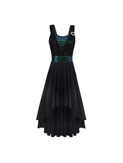 ODASDO Women Adult Lyrical Dance Dress Modern Contemporary Costume Sequins Mesh Tulle High Low Skirt Ballet Dancewear