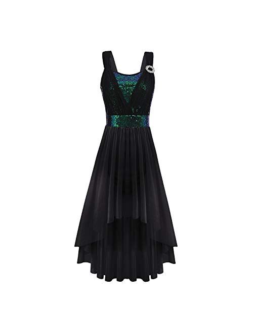 ODASDO Women Adult Lyrical Dance Dress Modern Contemporary Costume Sequins Mesh Tulle High Low Skirt Ballet Dancewear