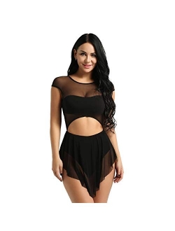 ranrann Women's Performance Asymmetrical Mesh Cutout Tank Dress Latin Lyrical Modern Dancing Costumes