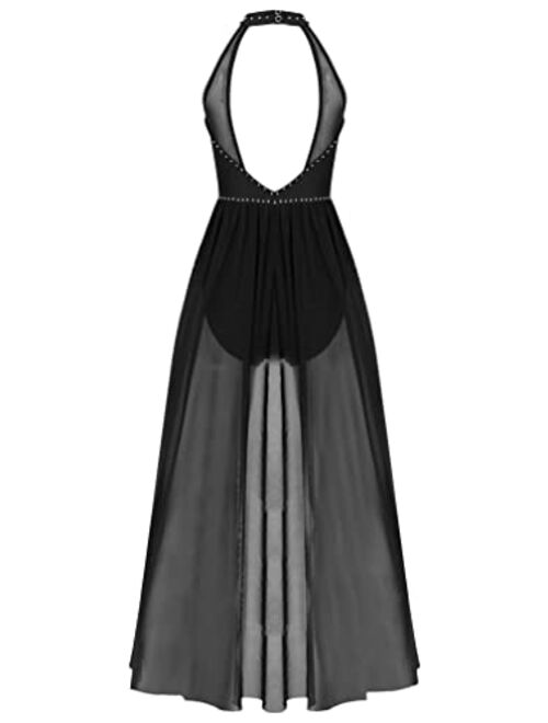 JEATHA Women Lyrical Modern Contemporary Dance Costume Leotard Backless Split Tulle Skirt Flowy Overlay Dress