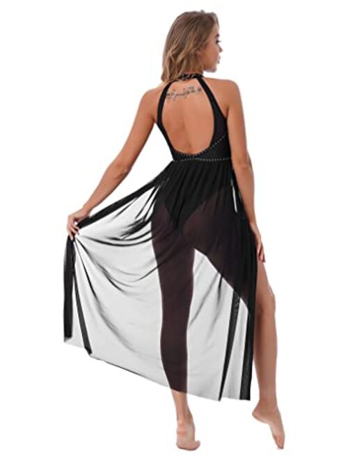 JEATHA Women Lyrical Modern Contemporary Dance Costume Leotard Backless Split Tulle Skirt Flowy Overlay Dress