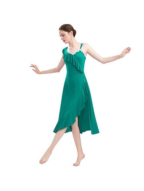 ODASDO Women Lyrical Dance Dress Flounce Asymmetrical Spaghetti Strap Midi Dress Adult Modern Contemporary Dancewear
