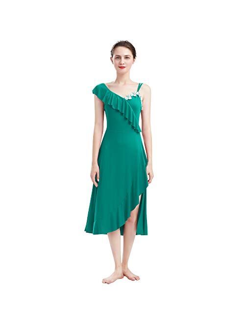 ODASDO Women Lyrical Dance Dress Flounce Asymmetrical Spaghetti Strap Midi Dress Adult Modern Contemporary Dancewear