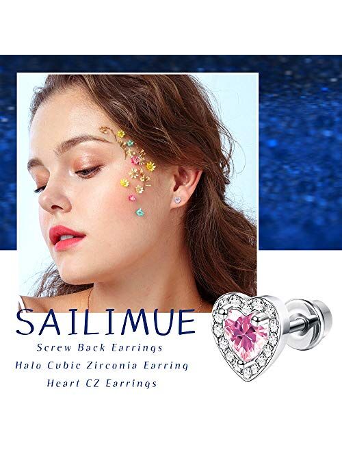 SAILIMUE 4 Pairs Screw Back Earrings for Women Pink Halo Cubic Zirconia Earring Barbell Stud Earrings Heart CZ Stud Stainless Steel Earrings Set Tragus Cartilage Jewelry
